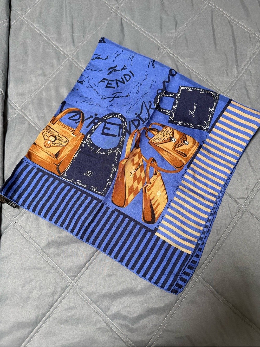 FENDI Blue Printed Silk Pocket Square